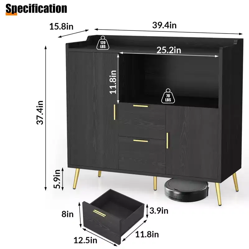 40 Microwave Cabinet, Kichen Buffet Sideboard, Storage Cabinet, Coffee Bar Cabinet with Adjustable Shelves, 2 Drawers, and 2 Doors, for Home