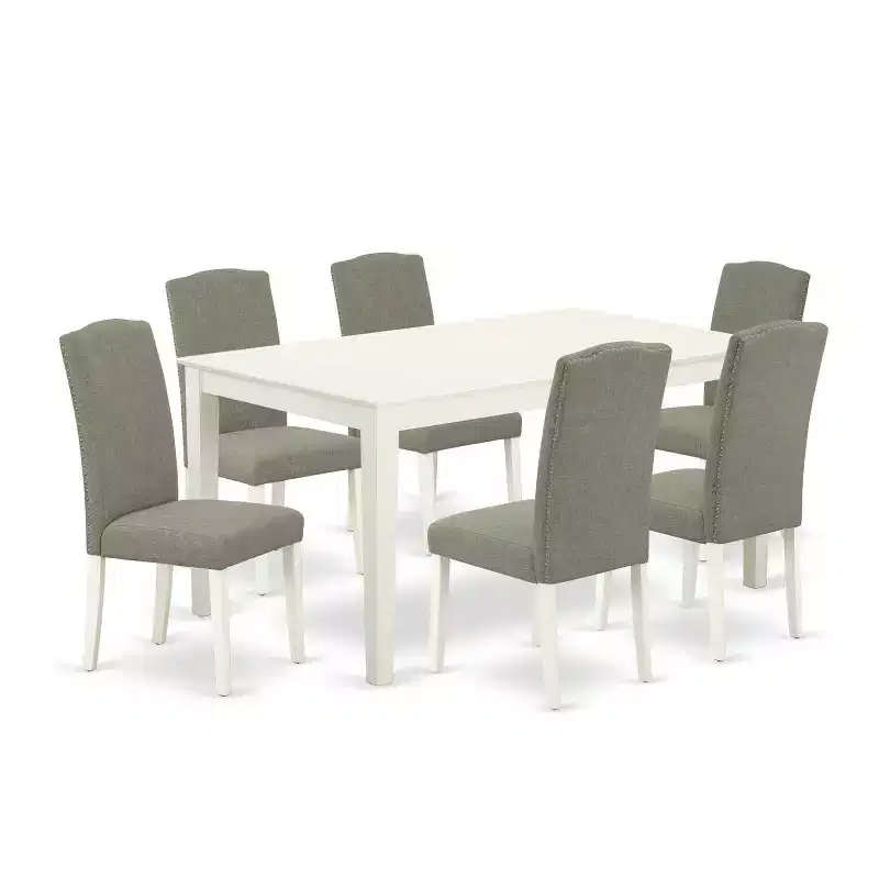 HomeStock 7-Piece Rectangle Linen White Finish Solid Wood Top Dining Table with 6 Parson-Chairs