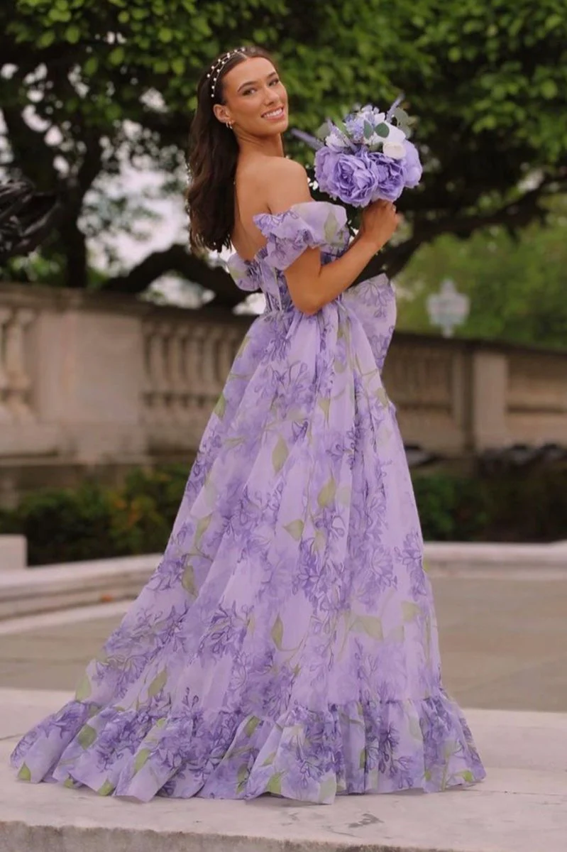Strapless A-Line Floral Prom Dress With Detachable Sleeves