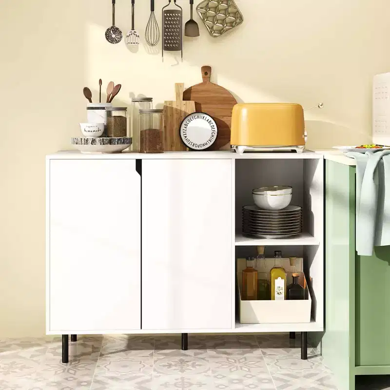 Costway Kitchen Sideboard Buffet with Adjustable Shelves 2 Doors Sturdy Metal Legs White
