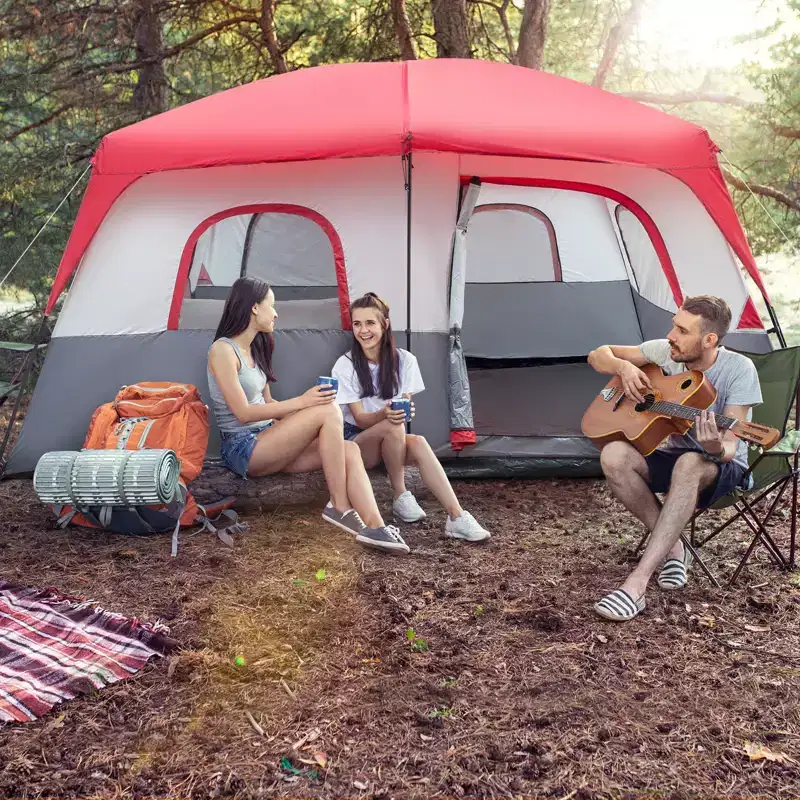 NAYSAYE 14-Person Camping Tent Polyester Cloth Poles with 2 Doors and Storage Pockets for Convenient Setup and Use, Red White, 169.2*169.2*82.6