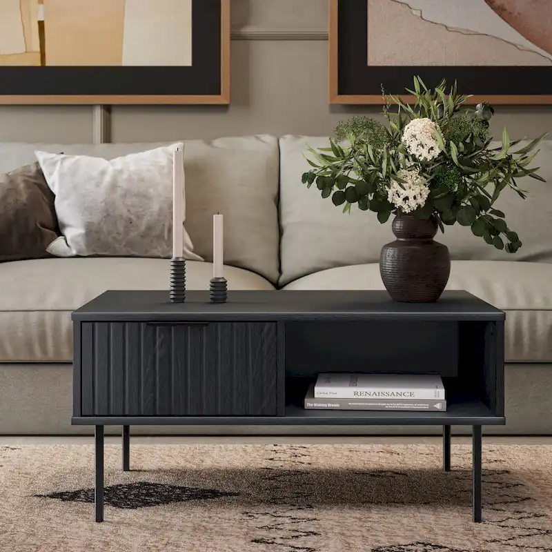 Black Fluted Coffee Table with Drawer – Single-Tier, 1-Person Use