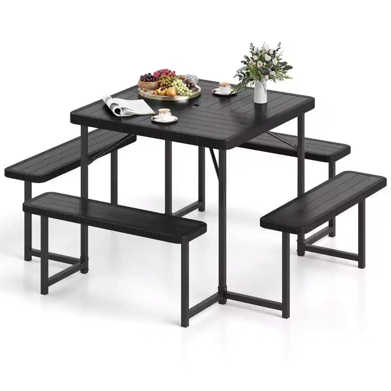 Costway Picnic Table Bench Set for 4-8 People with Umbrella Hole All-Weather HDPE Tabletop Black/Gray/Green/White