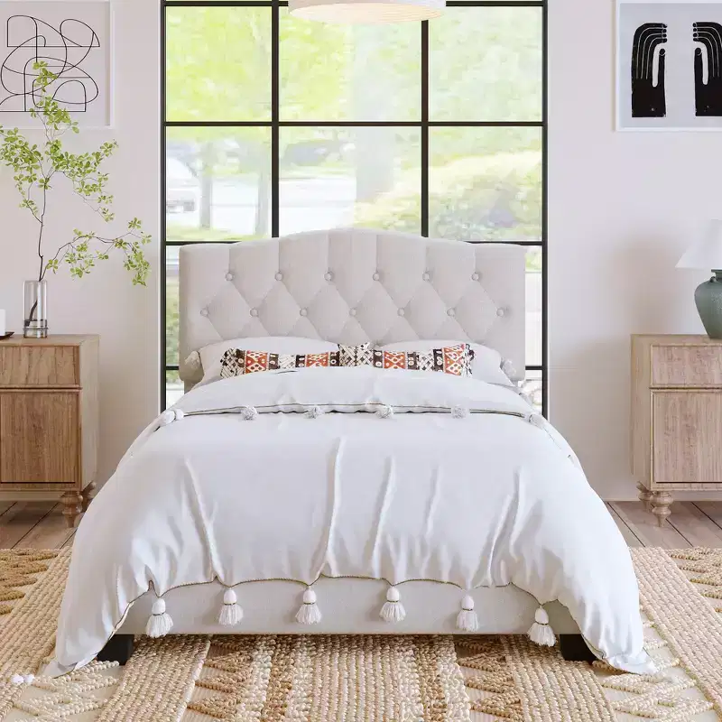 Whisen Full Upholstered Platform Bed with Saddle Curved Adjustable Headboard and Diamond Tufted Details