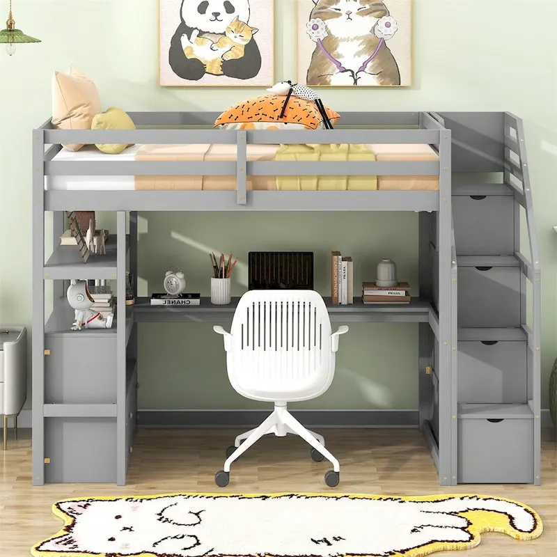 Merax Loft Bed with Desk and Shelves