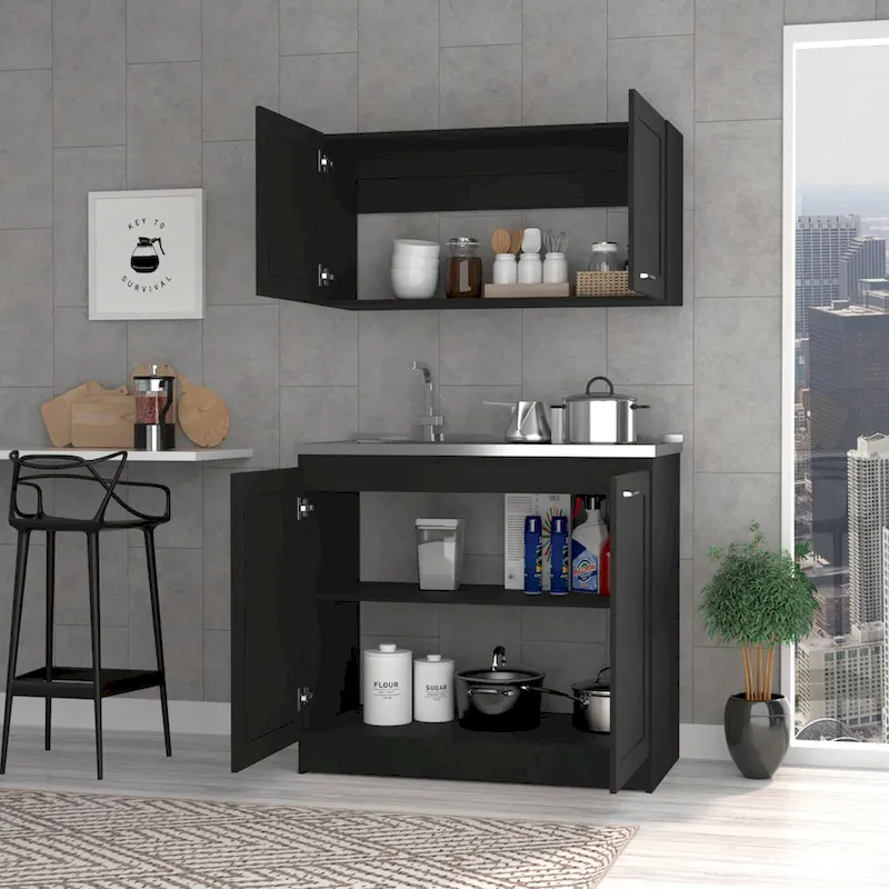 Kitchen Cabinet with Doors - White/Black/Grey - 2 Person