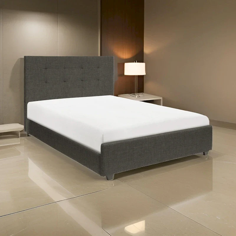 Cady California King Bed, Tufted Upholstered Headboard, Gray Solid Wood