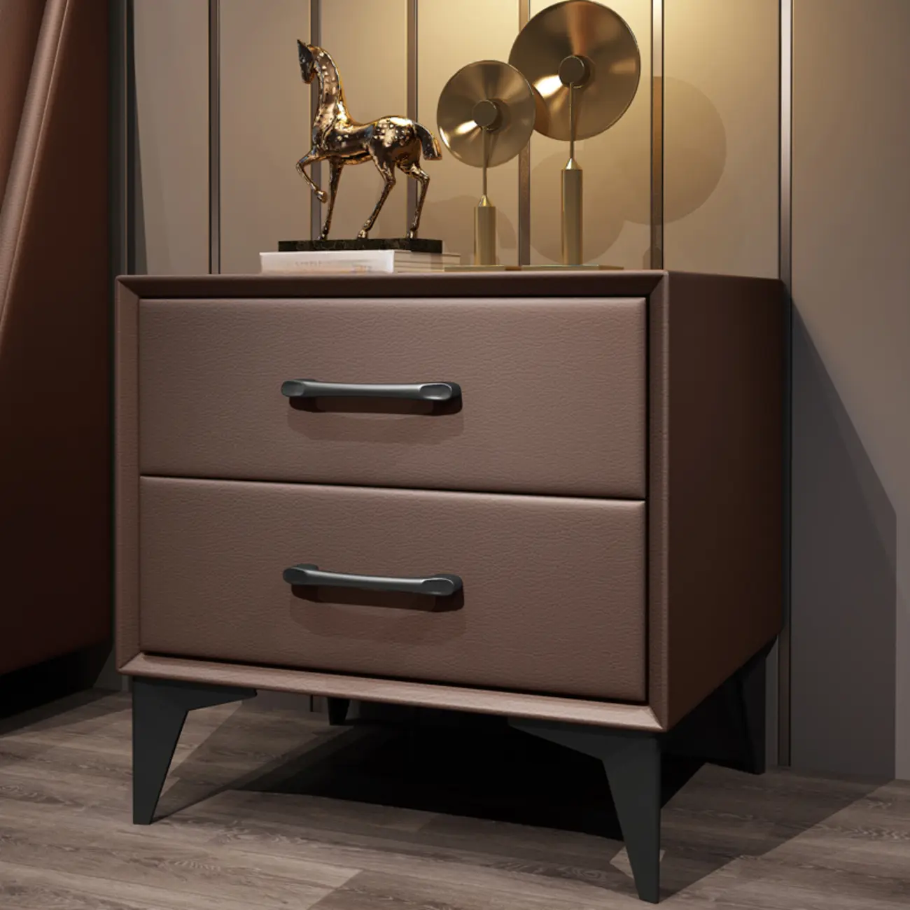 Trendy Leather Wooden 2-Drawer Nightstand with Metal Legs