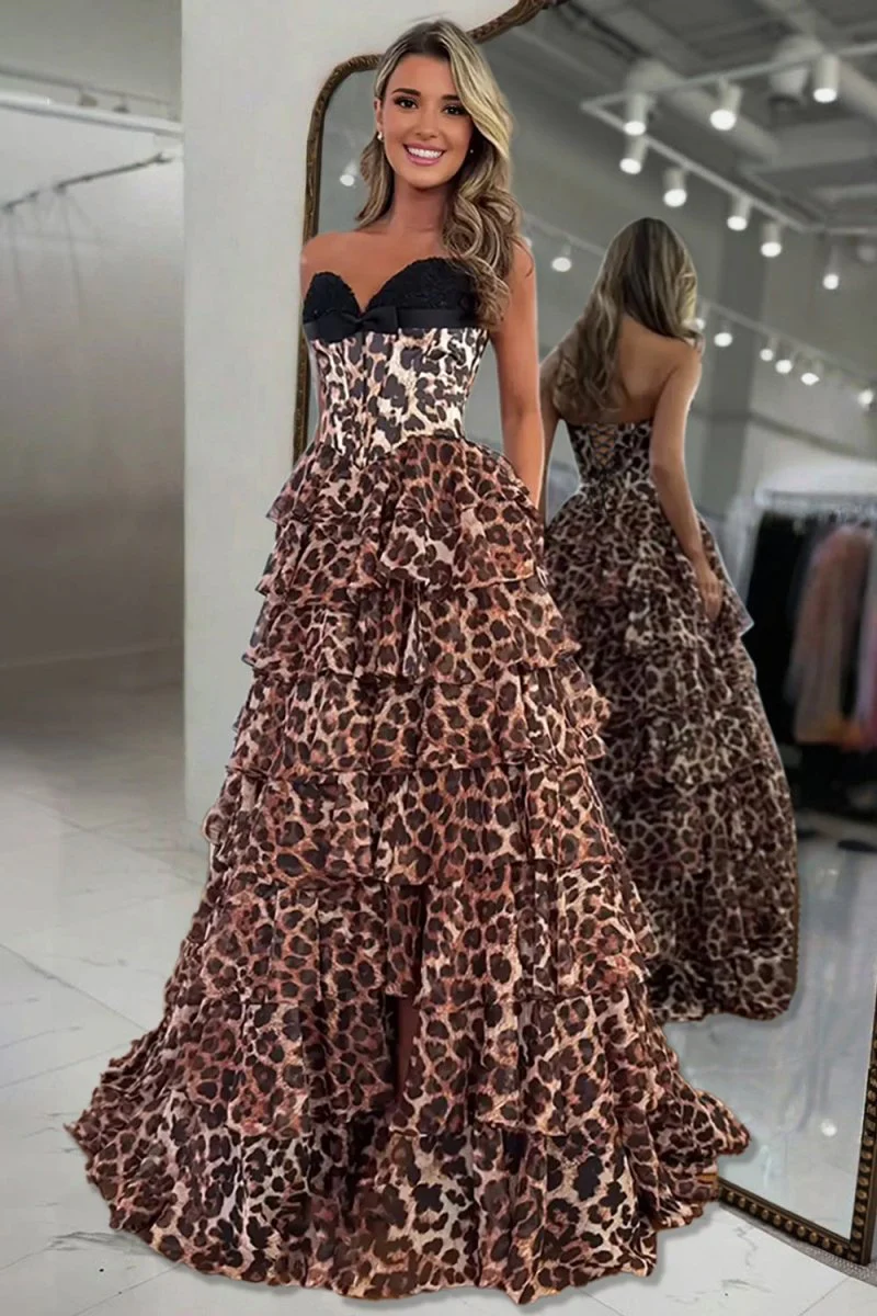 Leopard A Line Chiffon Strapless Corset Long Prom Dresses with Tiered Ruffles