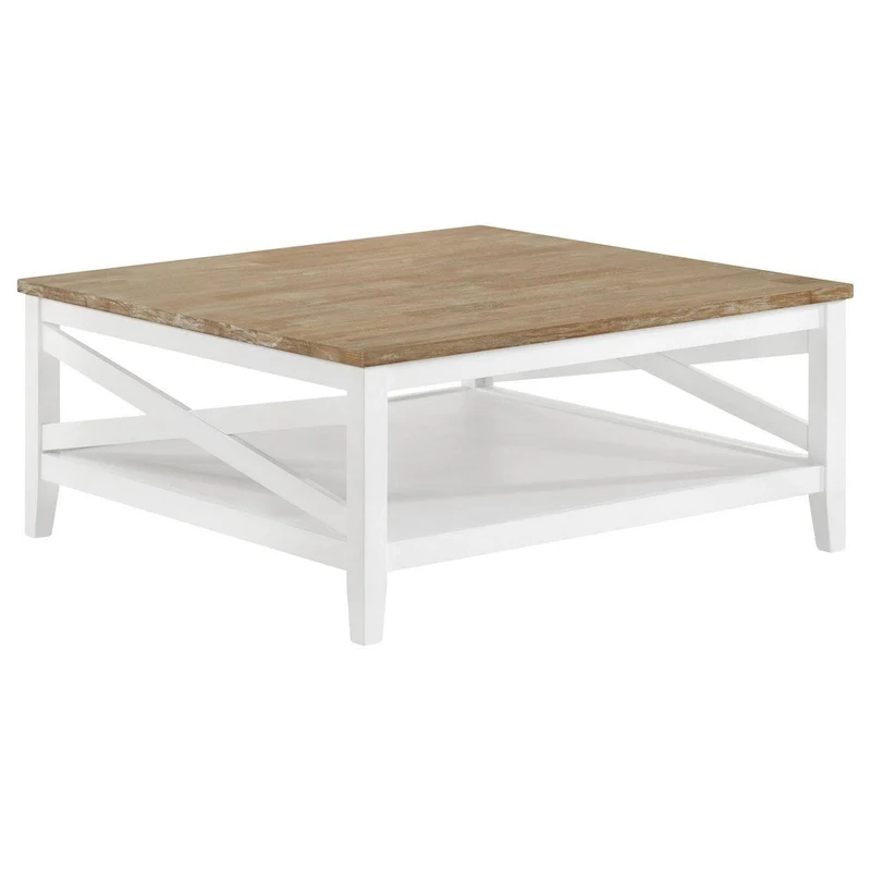 Brown & White Rustic Wire Brushed Coffee Table with Lower Shelf, 39 Inch