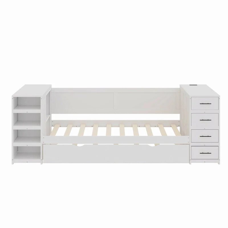 Twin Daybed with Trundle or Drawers, Side Storage Cabinet on Both Sides, Charging Station - Wood Slat Suppor Platform Bed Frame
