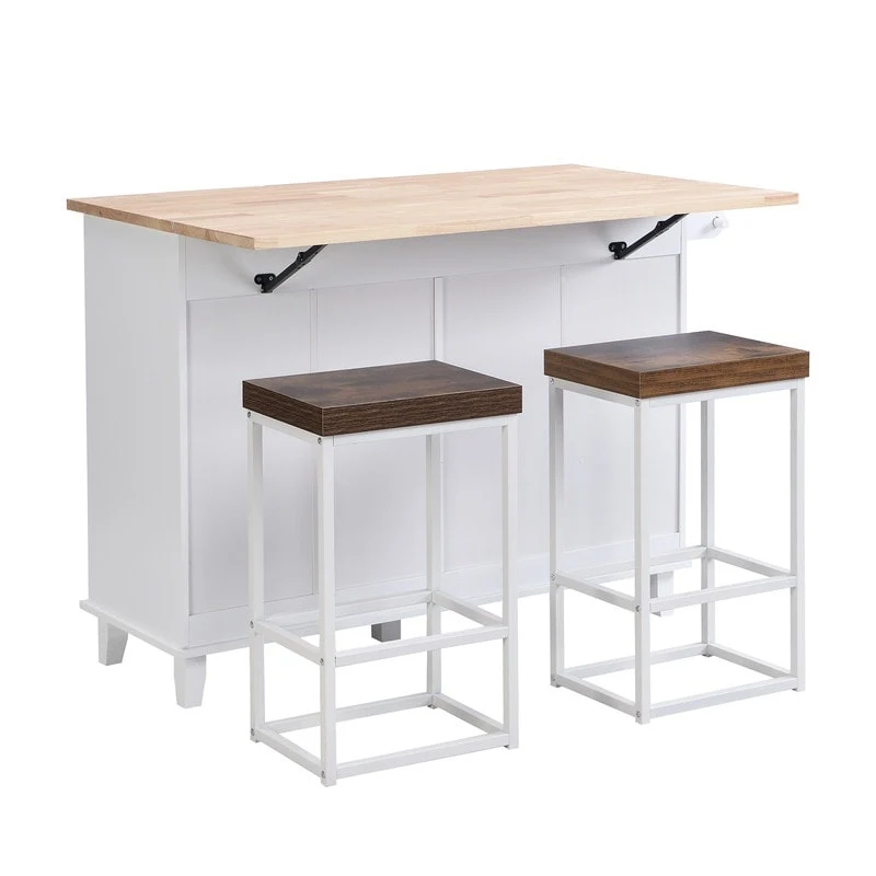 Natural Wood Kitchen Island with Drop Leaf - 2 Stools