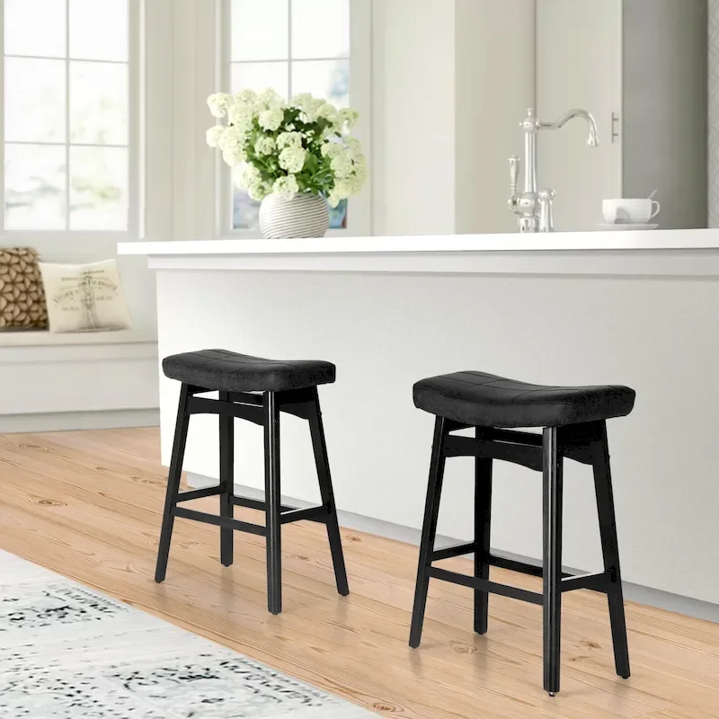 24 Inch Solid Wood Barstools with Linen / PU Leather Fabric Cushion, Set of 2