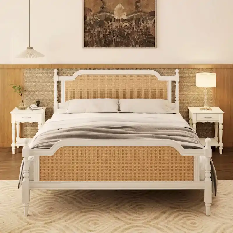 King Size Traditional Platform Bed with Rattan Headboard & Footboard