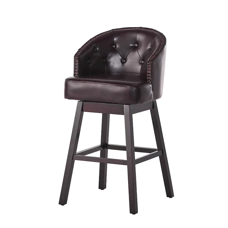 Modern tufted rotating bar stools, adorned with rivets.