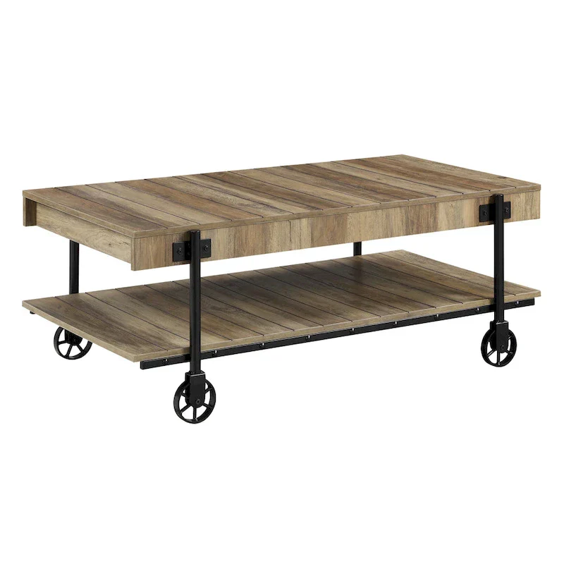 Black Farmhouse Steel 2-Piece Coffee Table Set with Wheels