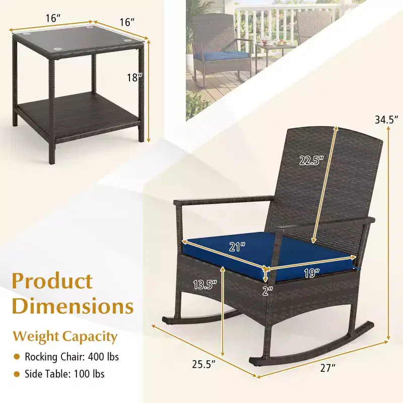 Costway 3 Piece Patio Rocking Set Wicker Rocking Chairs with 2-Tier Coffee Table Turquoise/Off White/Black