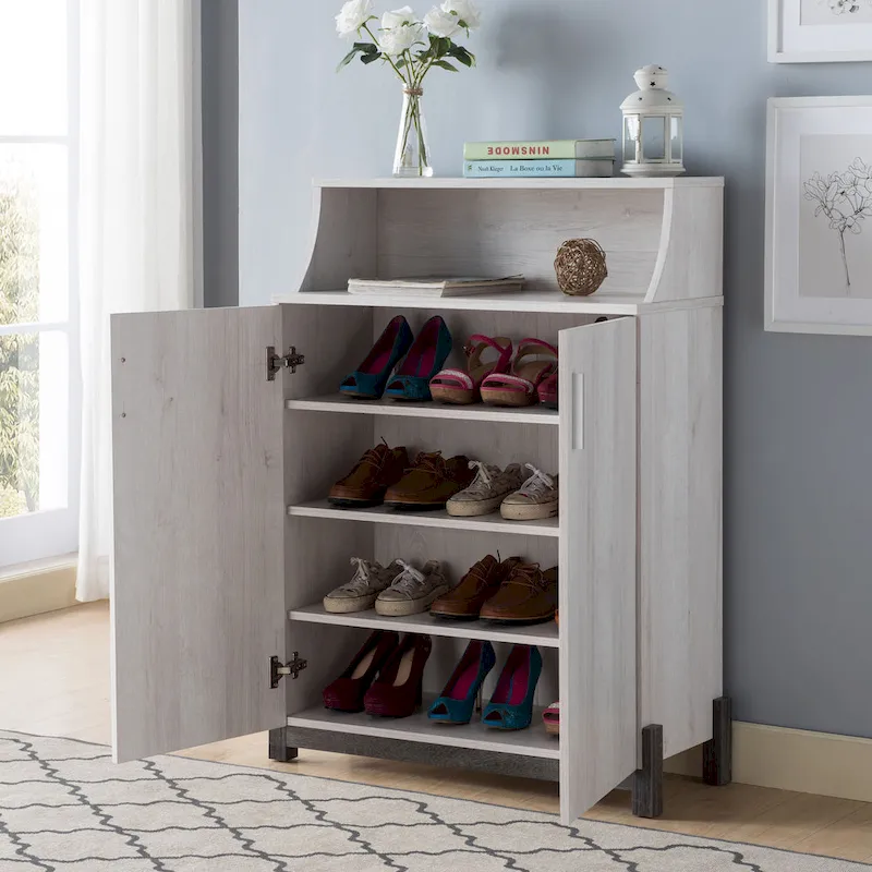Distressed Grey / Wood / White Oak 5-Shelf Shoe Cabinet – Contemporary Style, Family Use