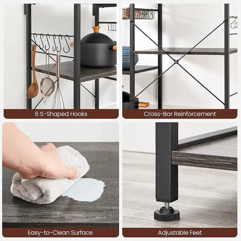 Kitchen Microwave Oven Stand Shelf with Wire Basket and 6 S-Hooks - 35.4L x 15.7W x 52H