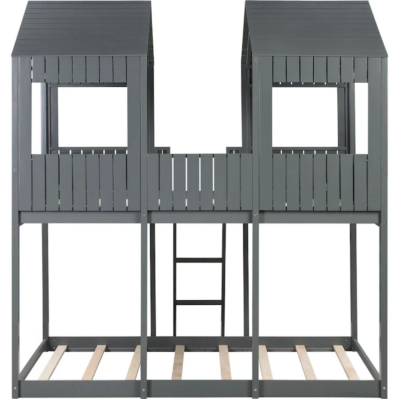 Full Over Full Wood Bunk Bed with Roof, Window, Guardrail, Ladder