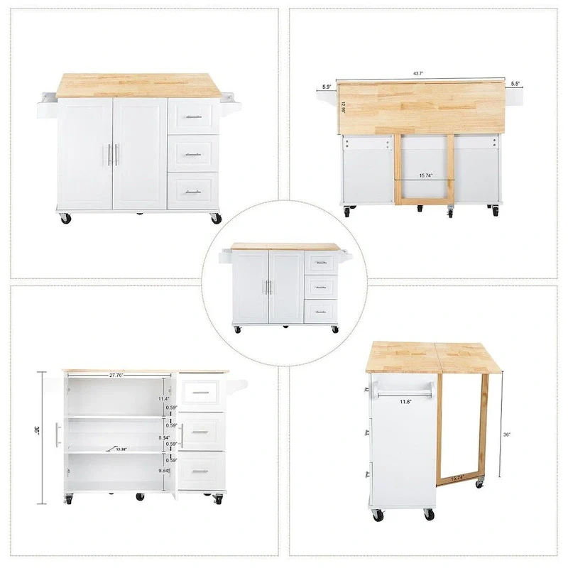 Kitchen Island Cart with Extensible Rubber Wood Top and Locking Wheels