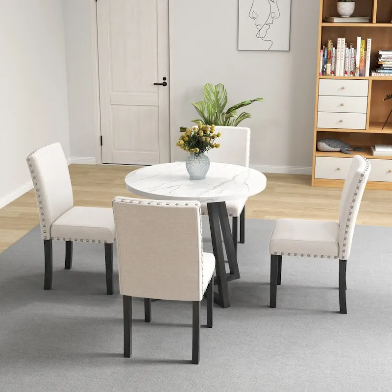 Five-piece dining room set with imitation marble table top,solid wood,space-saving kitchen and dining room combination furniture