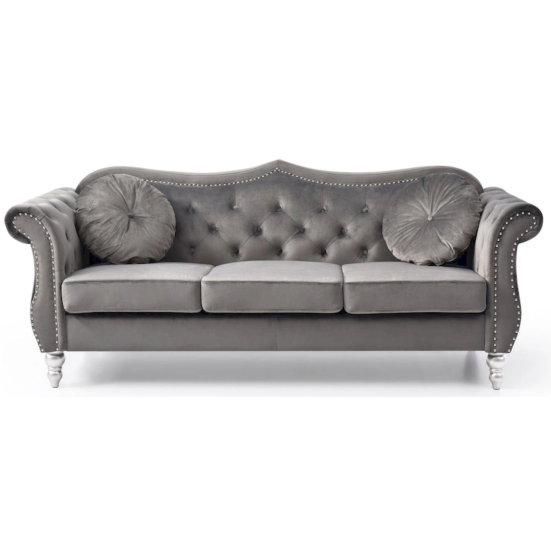 Hollywood 82 in. Velvet Chesterfield 3-Seater Sofa with 2-Throw Pillow - 82L x 35W x 34H
