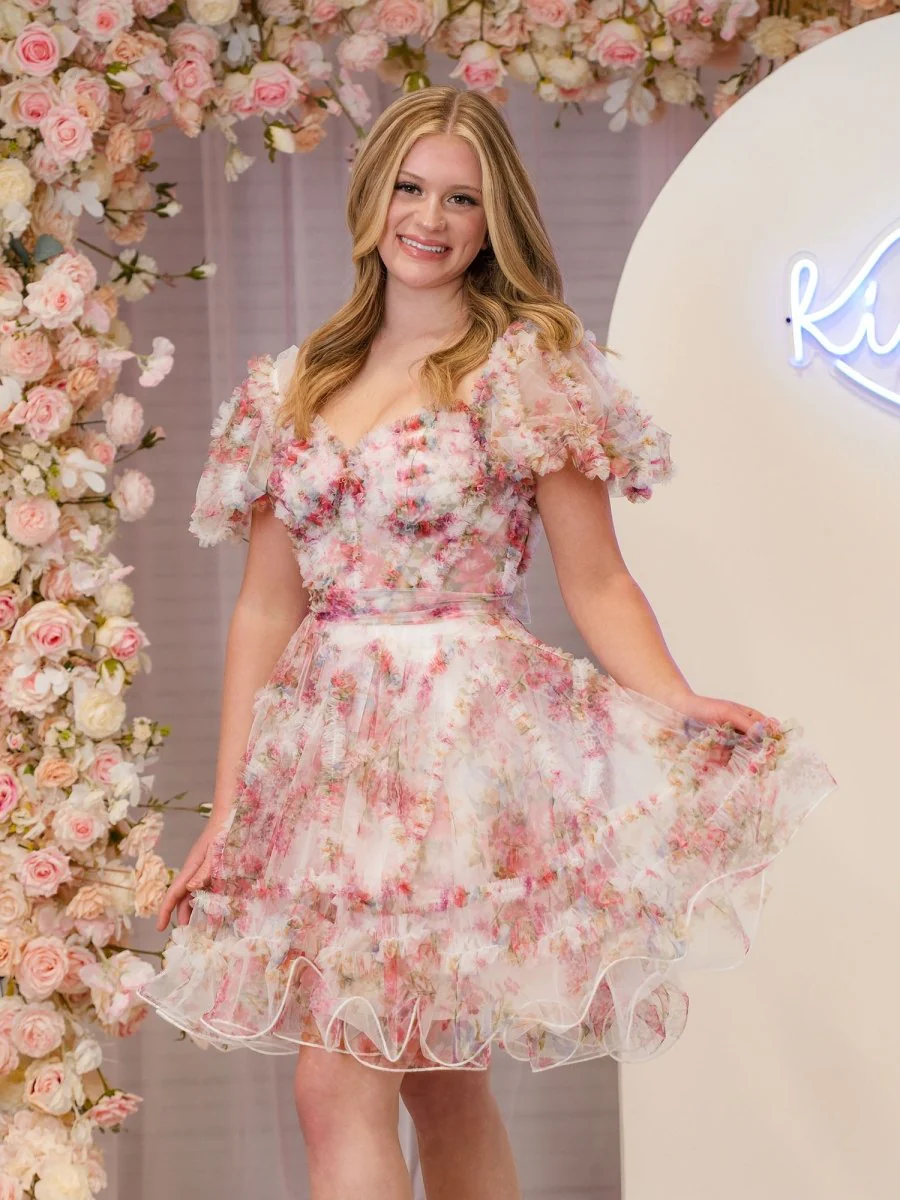 Ivory A Line Off the Shoulder Printed Homecoming Dress