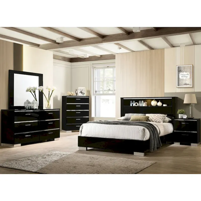 Modern Black Wood Panel Bed with LED