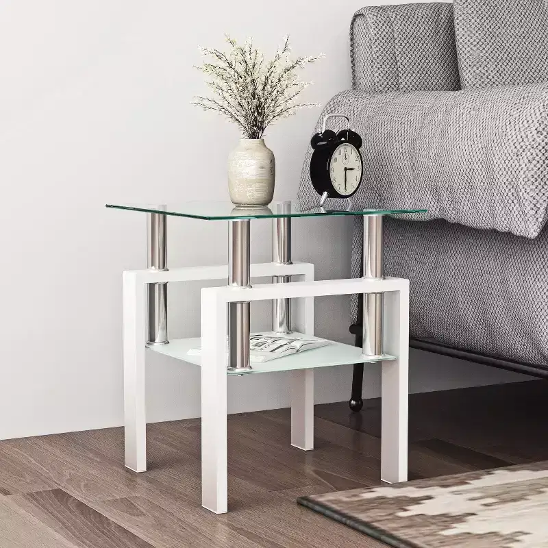 MAYEERTY Modern Tempered Glass End Table, Square Side Table for Living Room Bedroom, Transparent