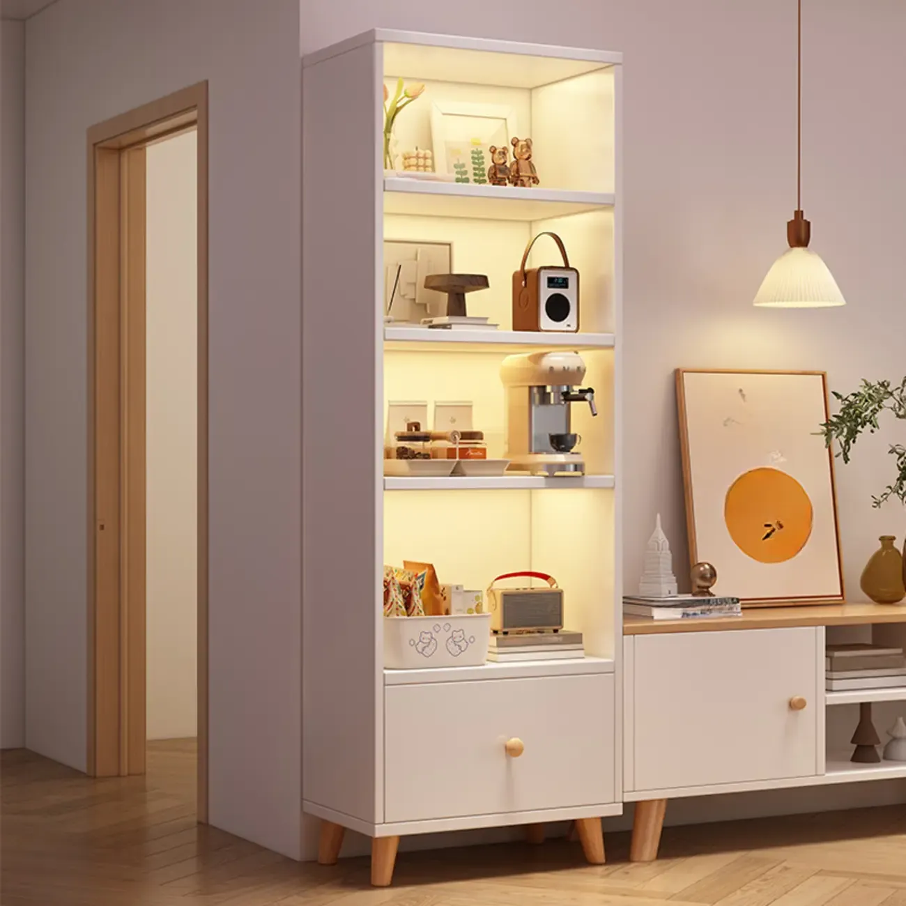 Tall Gray 4-Tier Open Back Wood Bookshelf with Drawer