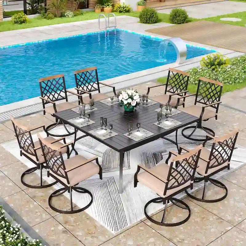 MAISON ARTS 9-Piece Patio Dining Set, 60 Inch Square Metal Table with 8 Swivel Dining Chairs