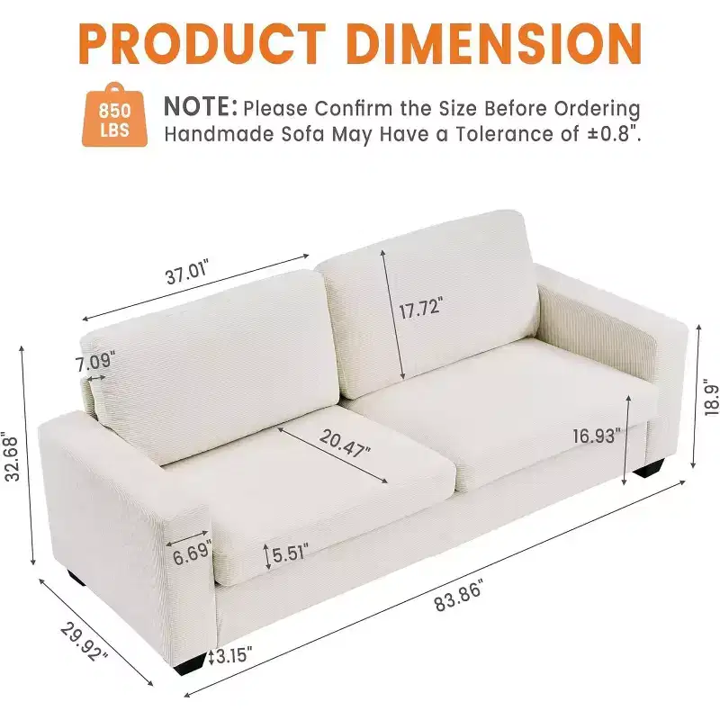 83 Comfy Corduroy Couches, Modern Upholstered Sofa with Wide Armrests, Sturdy Structure, Easy Assemble, for Living Room, Apartment