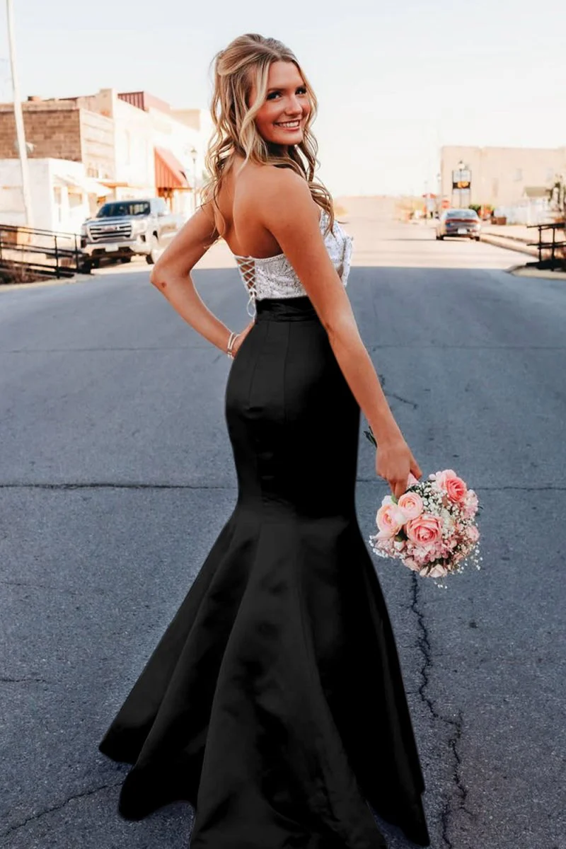 Pink Mermaid Satin Strapless Long Prom Dresses with Beaded Bow