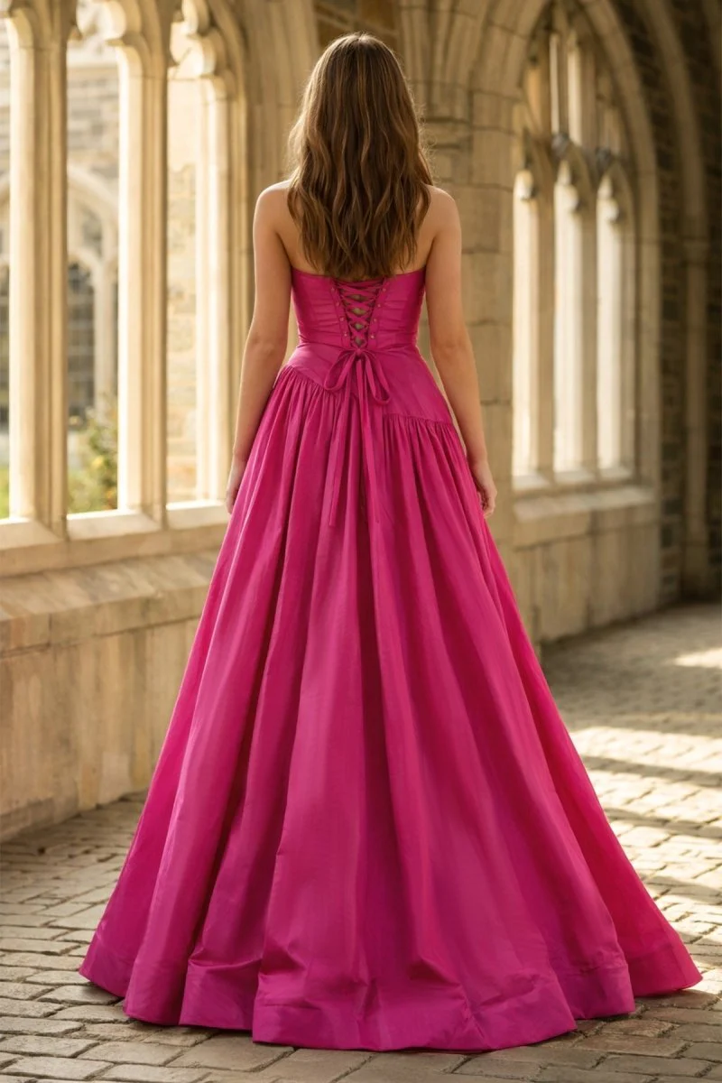 Fuchsia Strapless Taffeta A-line Long Formal Dress