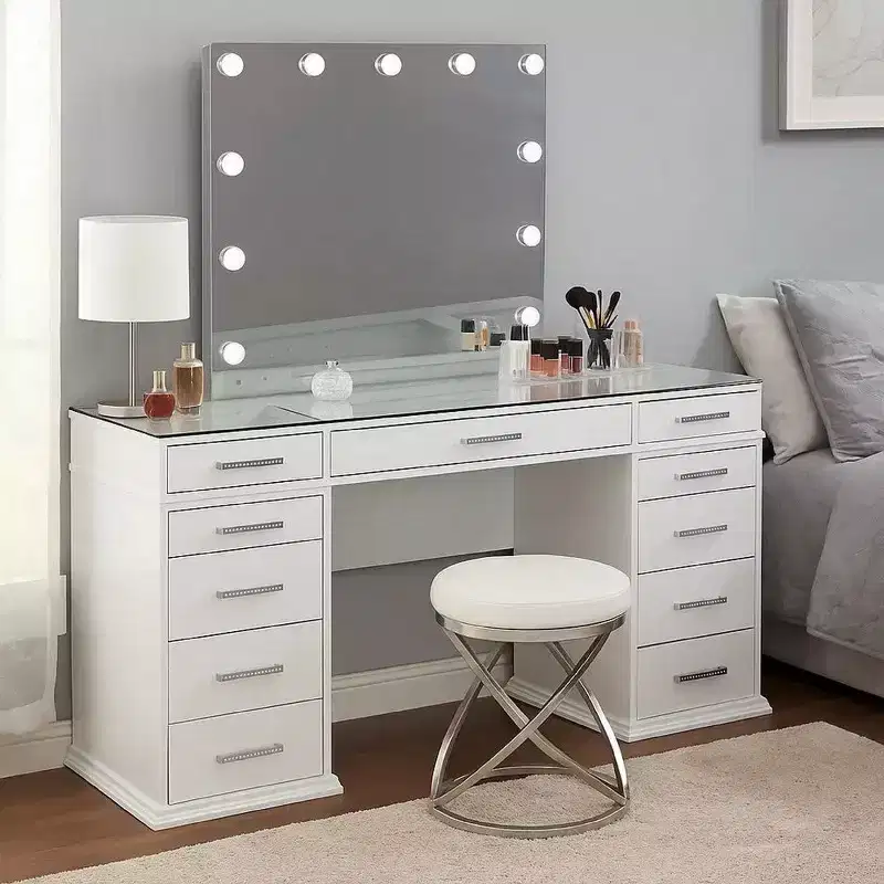 Royal Hamton 3pc LED Mirror Vanity Table Set, Glass Top, Padded Stool, White
