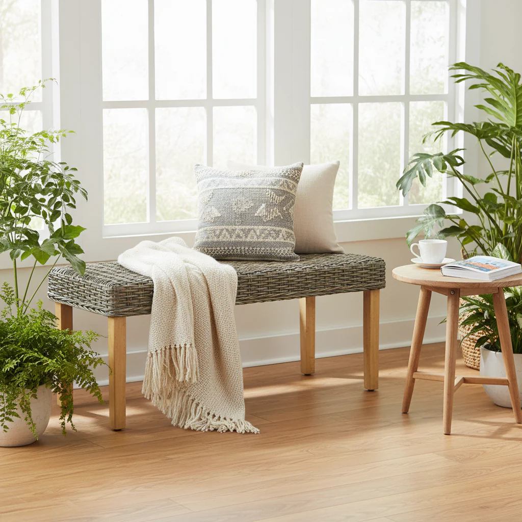 Natural Kubu Rattan Bench - Brown - Solid Mango Wood Legs