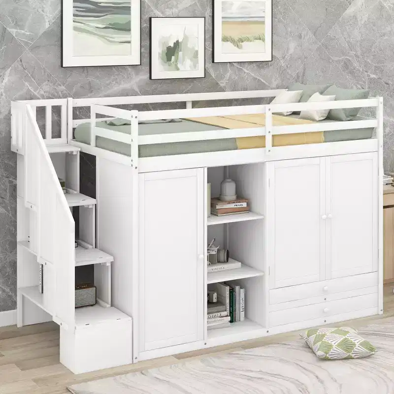 Whisen 93.3''L*42.4''W Functional Loft Bed with 3 Shelves, Wardrobes, Drawers, Ladder with Storage
