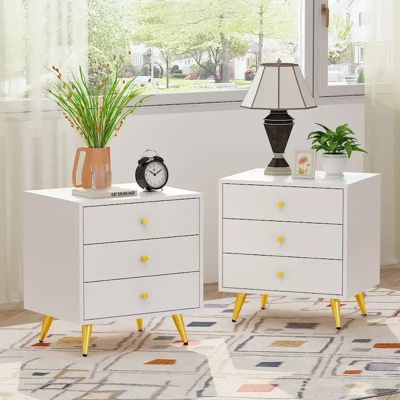 Nightstand Bedside Table 3-Drawer with Metal Legs End Table White