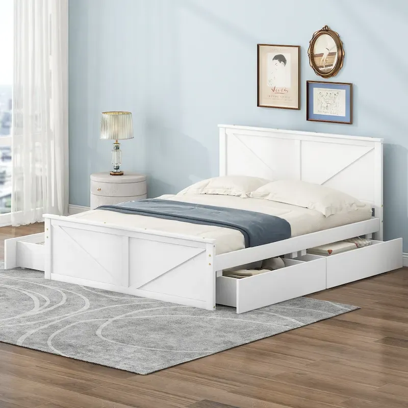 Antique White Queen Platform Bed with 4 Storage Drawers & Headboard, For 1-2