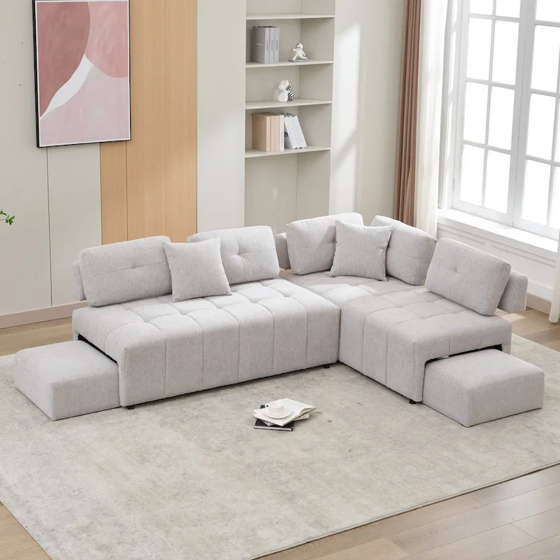 91.73 L-Shaped 4-Seat Sectional Sofa with 2 Hidden Stools, 2 Removable Lumbar Cushions, and Durable Chenille Fabric