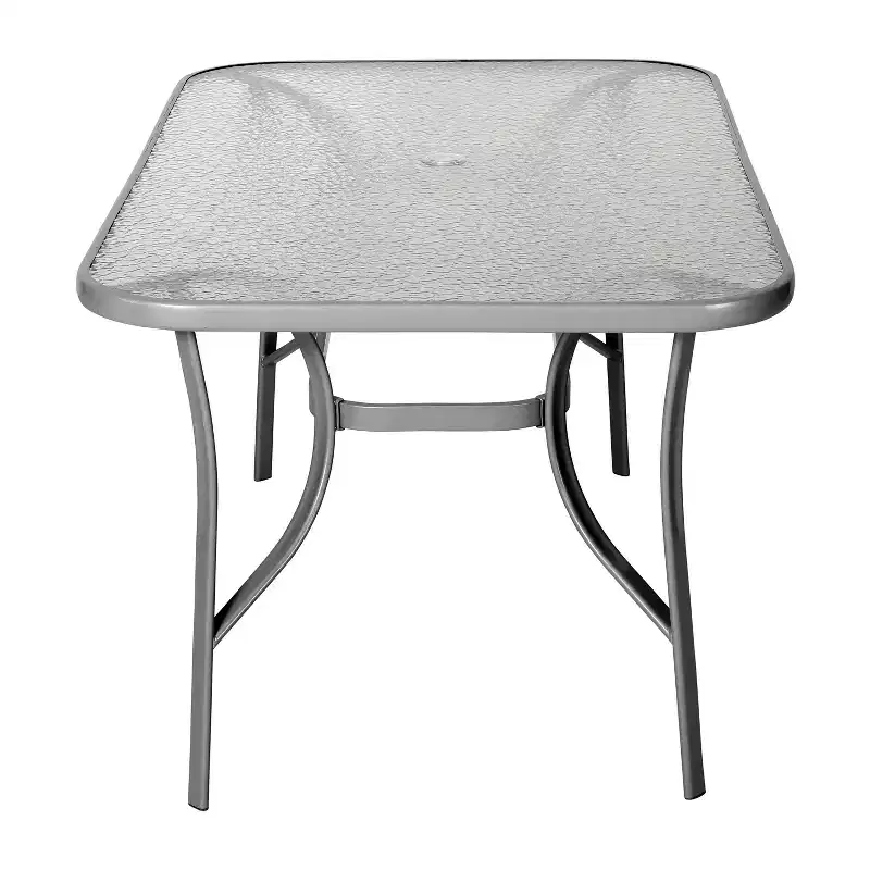 Emma and Oliver Rectangular Tempered Glass Top Patio Table with Umbrella Hole and Black Steel Tube Frame