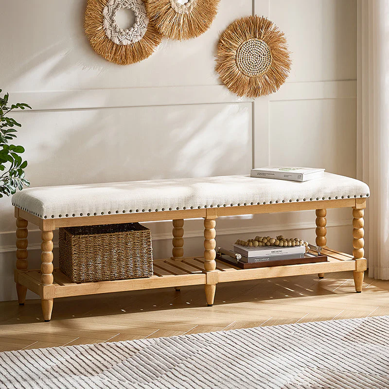 Upholstered Bench with Nailhead Trim, Foam Seat, Turned Solid Wood Legs & Slatted Storage Shelf | Ivory / Strip / Blue | Single