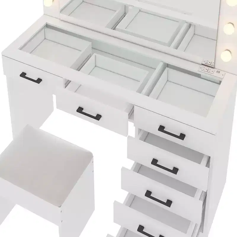 White Linen Particleboard with Tricot 7 Drawers with 12 Tri-color Dimmable Bulbs Plugs Glass Top Dressing Table Set
