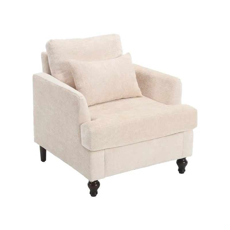 Beige 29.53 Chenille Upholstered Arm Chair with Solid Wood Frame and Cushions
