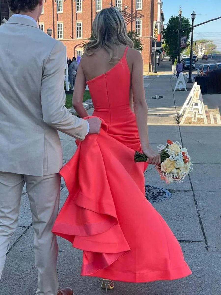 One Shoulder Mermaid Sleeveless Satin Prom Dress with Train