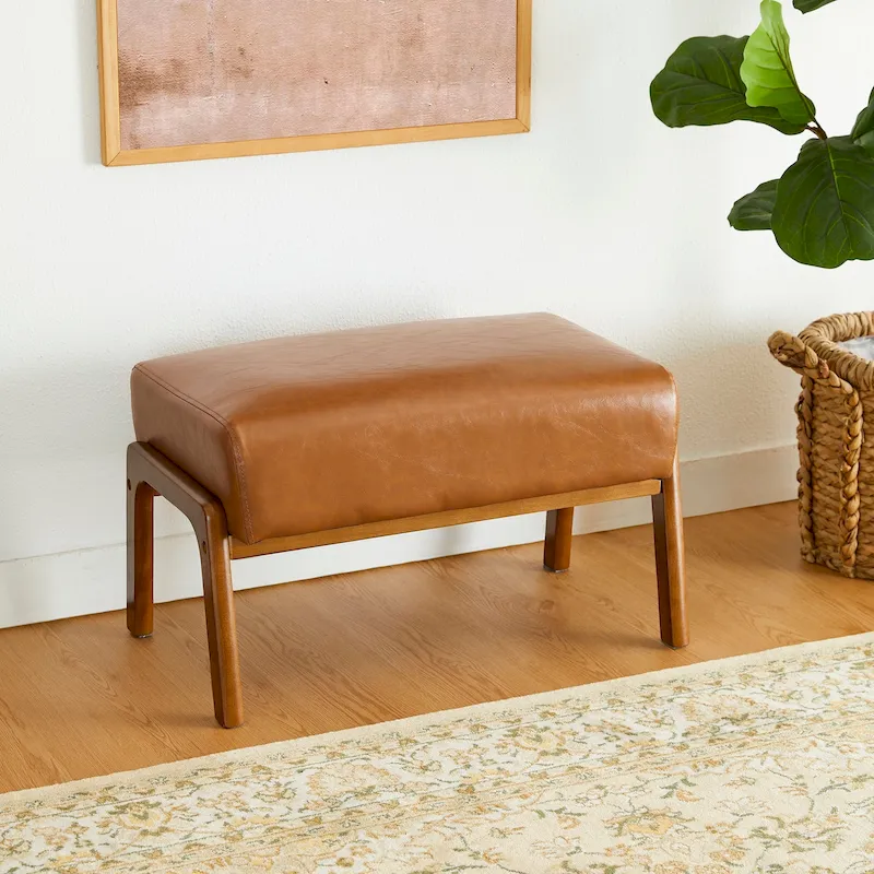 Glitzhome 24.5W Leatherette Accent Stool With Walnut Rubberwood Legs