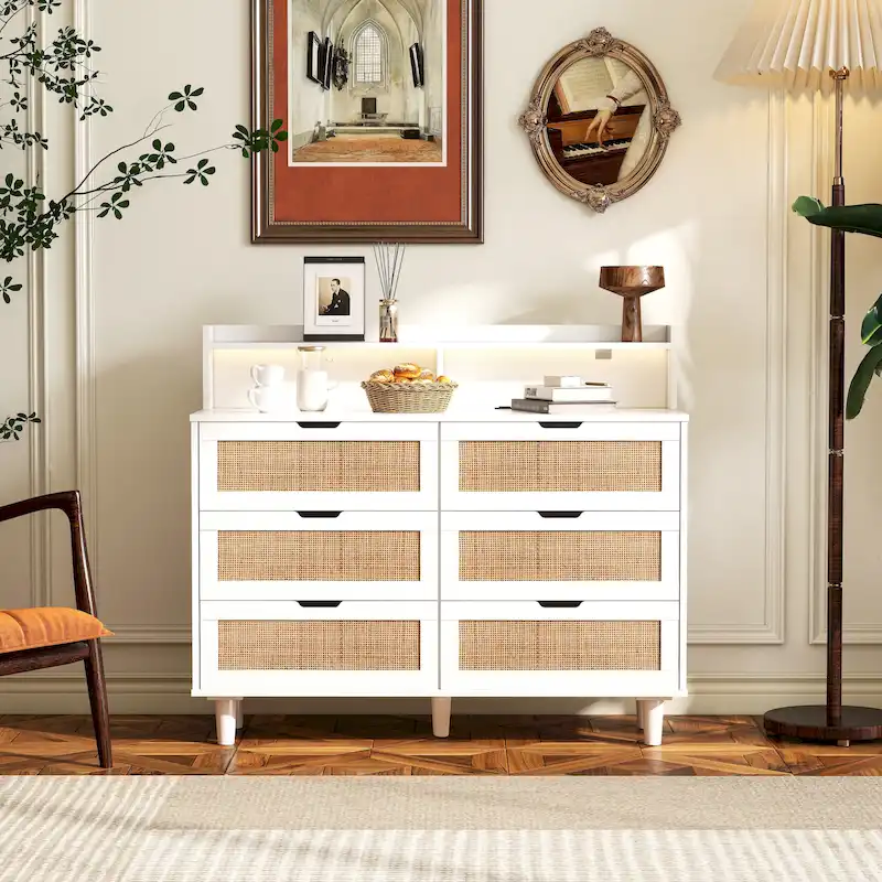 6-Drawers Rattan Accent Cabinet with LED Lights and Power Outlet, White