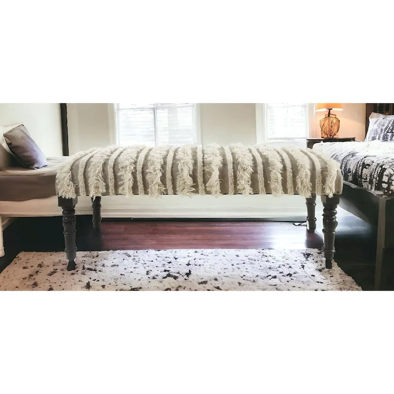 Cream Striped Upholstered Bench with Black Legs - 47