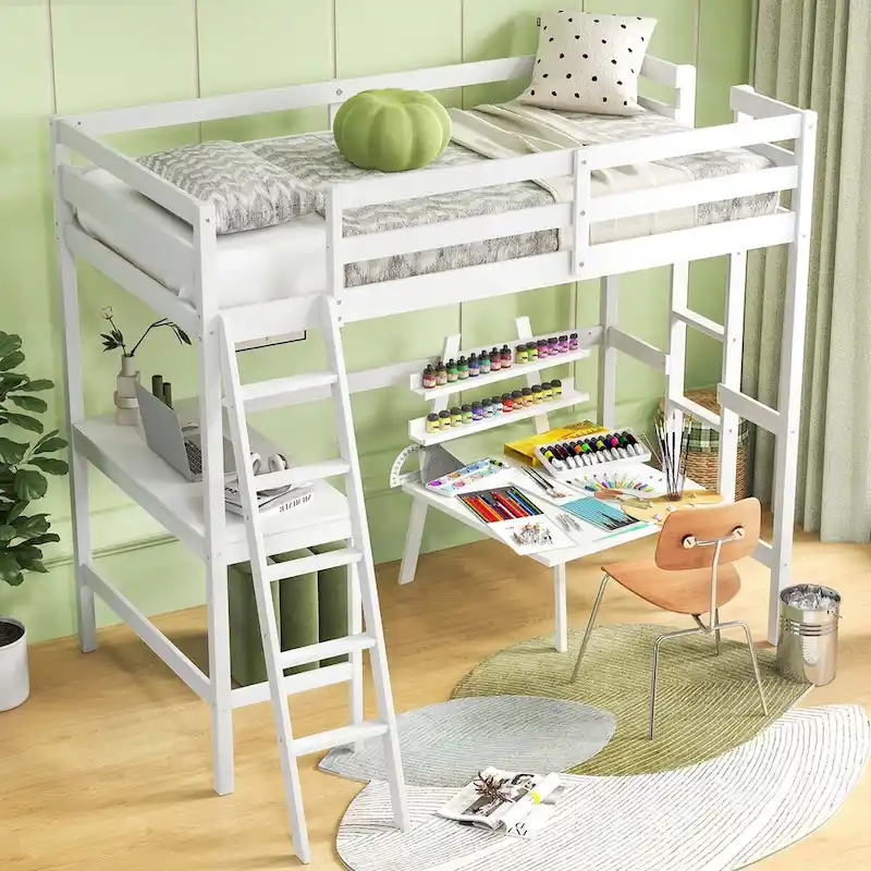 Twin Size Loft Bed w/ Desk & Shelf 2 Ladders & Guard Rail for